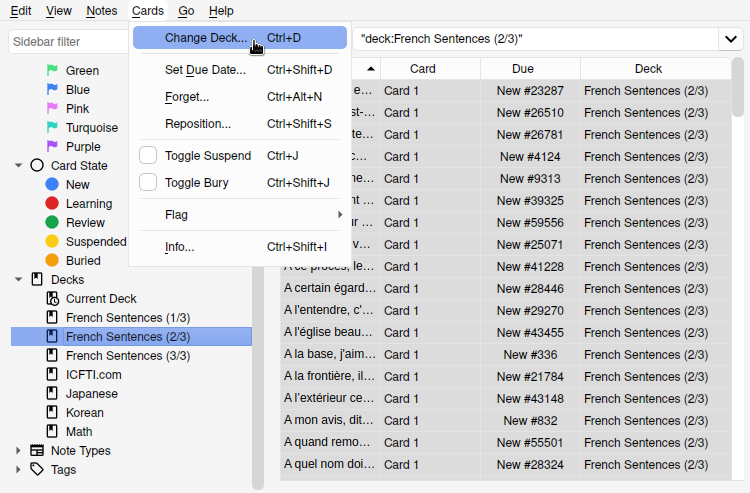 Anki - Location of Change Deck Menu Location