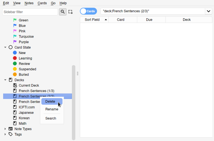 Anki: Delete Empty Deck - Card Browser