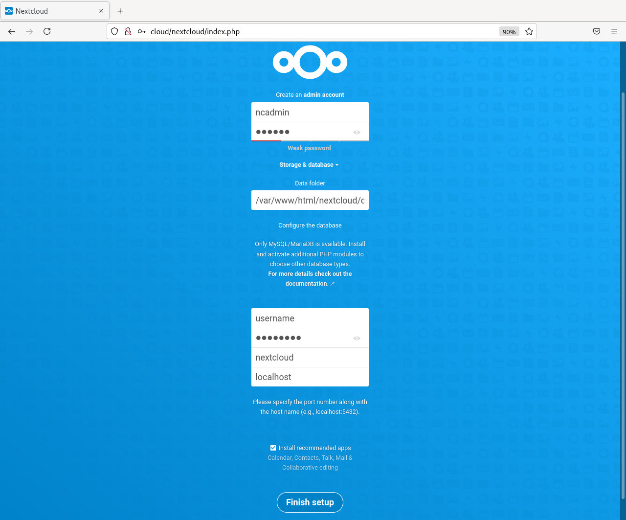 Nextcloud Web Installer - Admin Account