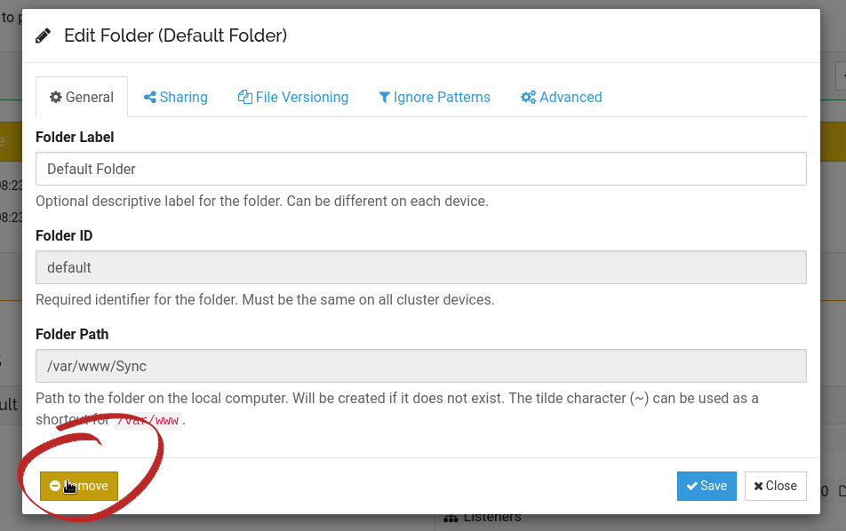 Syncthing - remove default folder